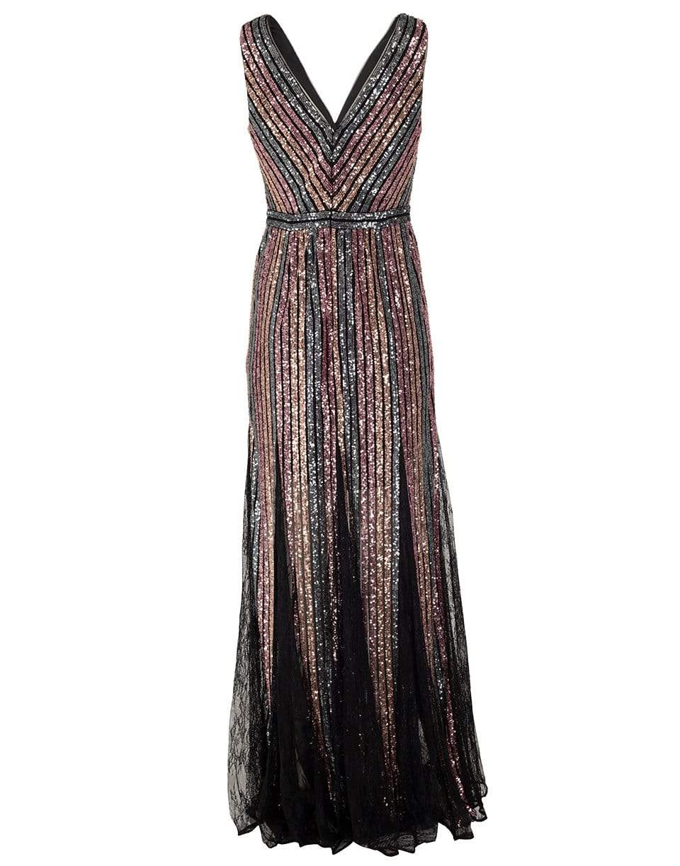 MARCHESA NOTTE-Sleeveless V-Neck Striped Sequin Gown-