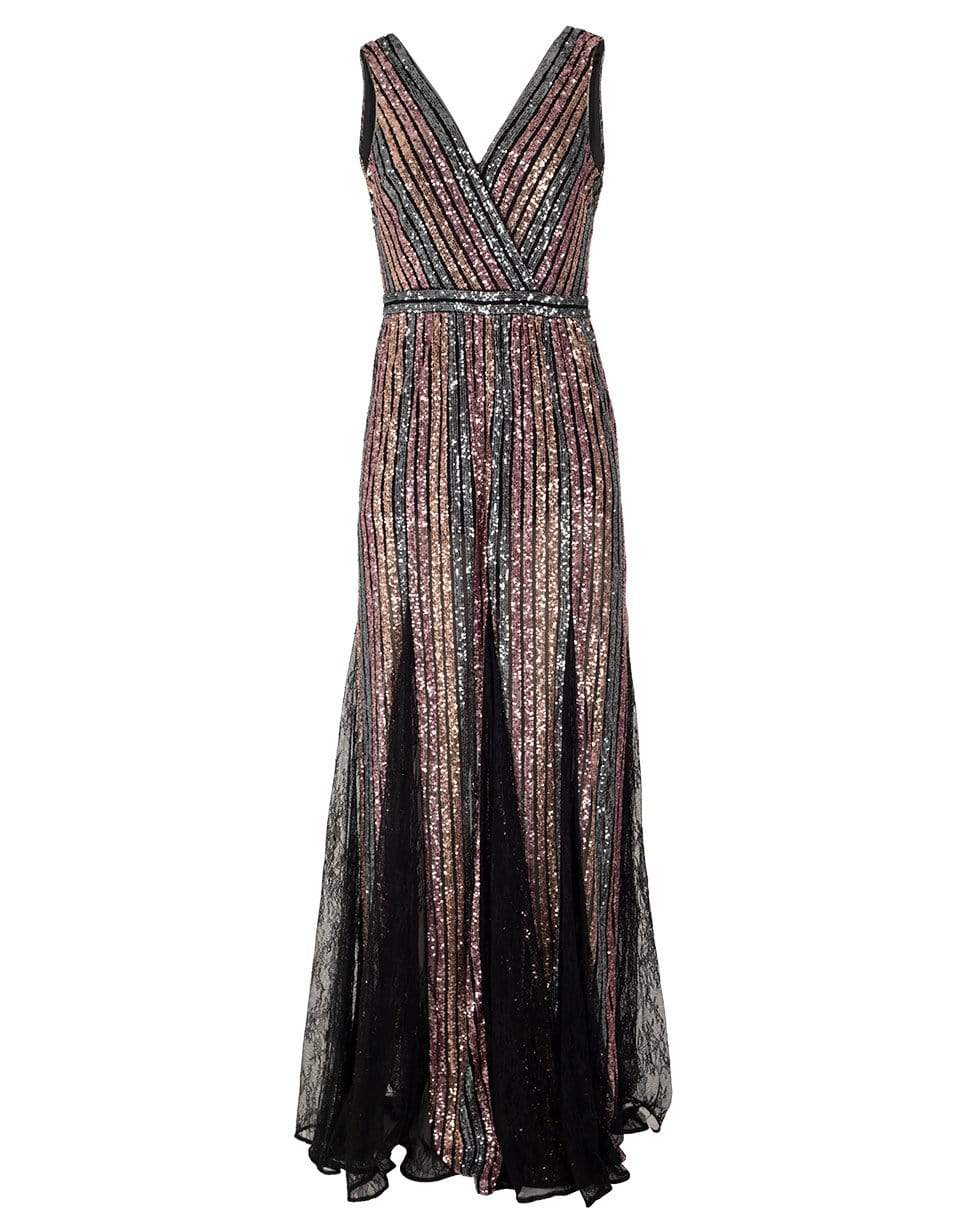 MARCHESA NOTTE-Sleeveless V-Neck Striped Sequin Gown-