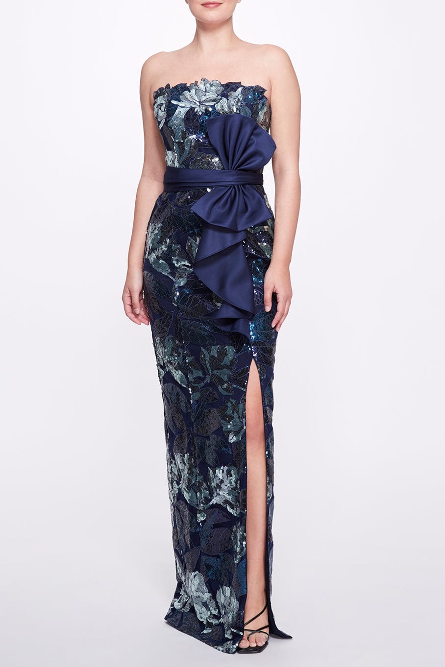 MARCHESA NOTTE-Strapless Floral Gown with Bow-