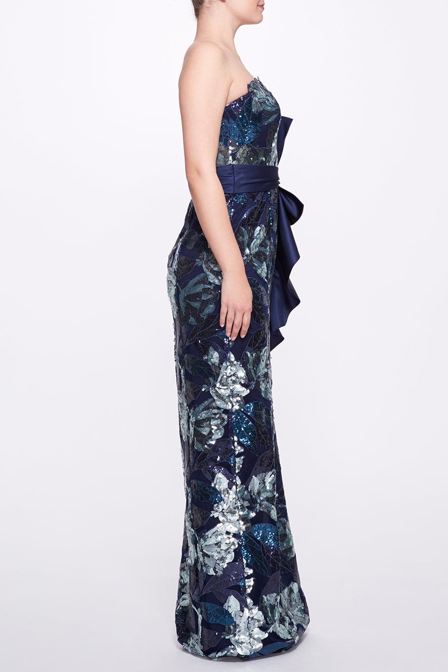 MARCHESA NOTTE-Strapless Floral Gown with Bow-