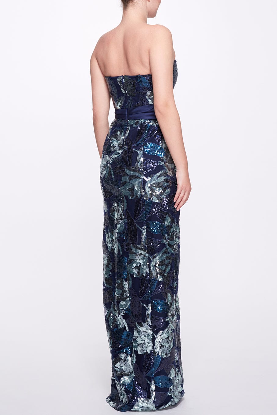 MARCHESA NOTTE-Strapless Floral Gown with Bow-