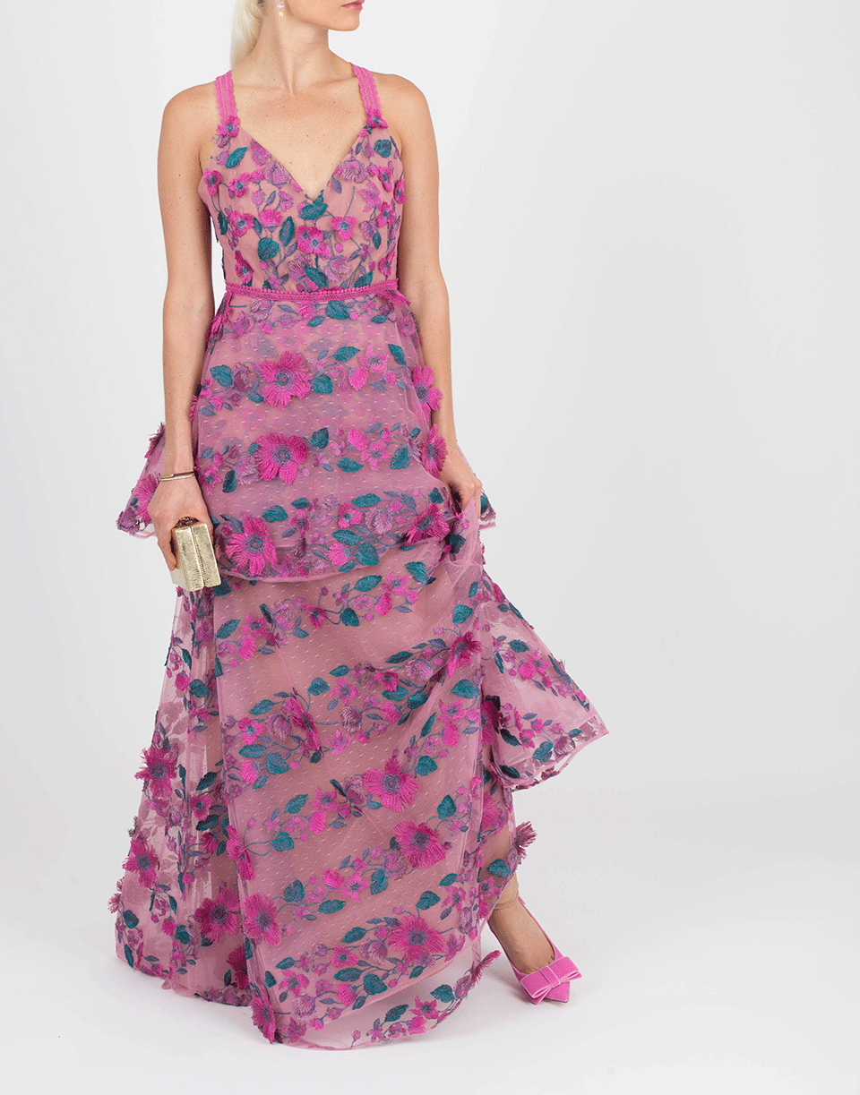 MARCHESA NOTTE-Floral Embroidered Gown-