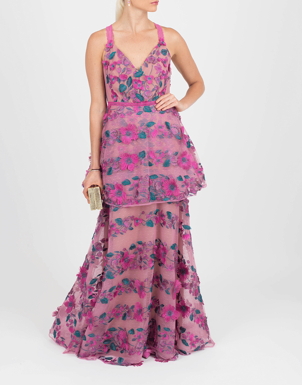 MARCHESA NOTTE-Floral Embroidered Gown-