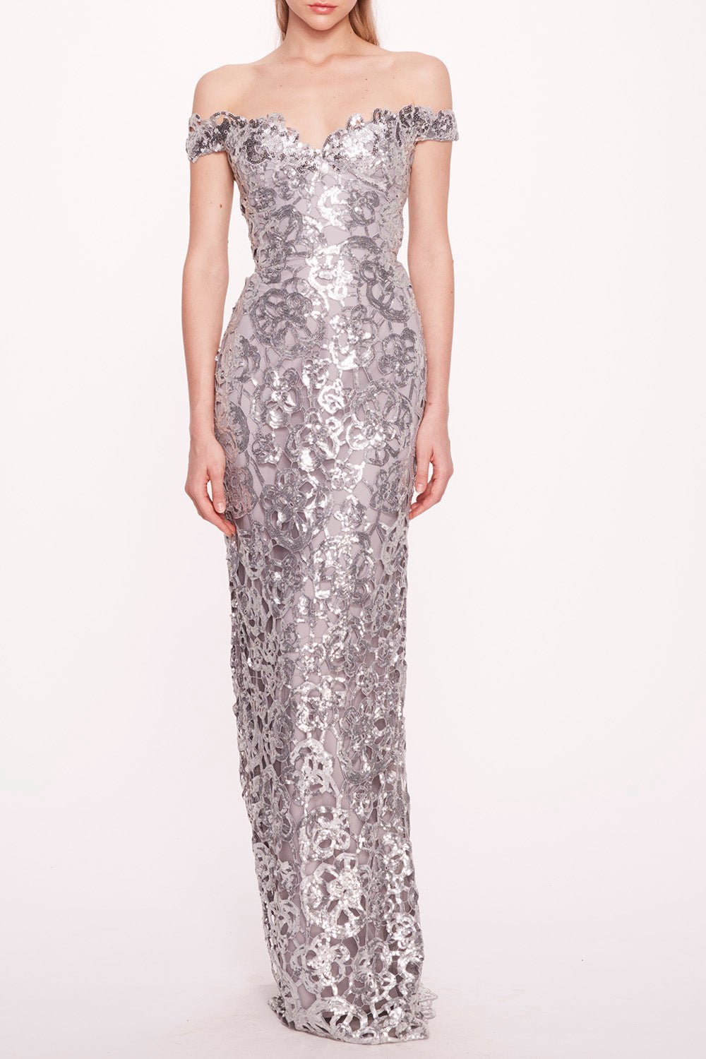 MARCHESA NOTTE-Off The Shoulder Sweatheart Gown - Silver-