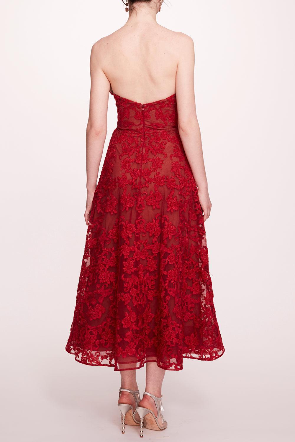 Strapless Corded Midi Dress-BURGUNDY-2-CLOTHINGSPECIALPOP UP-MARCHESA NOTTE