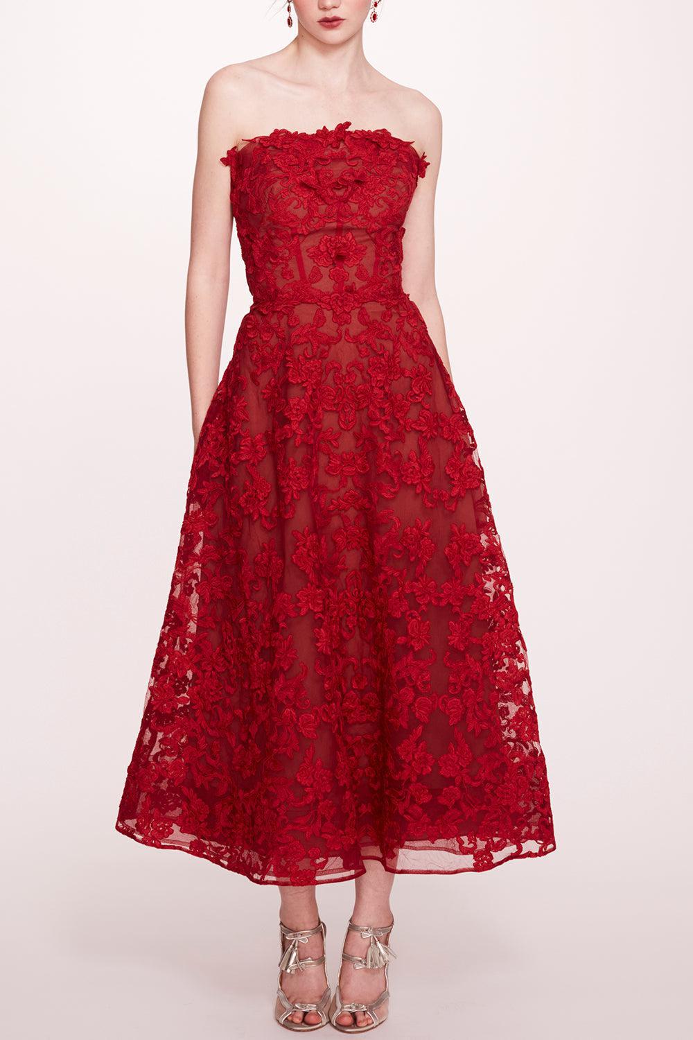 Strapless Corded Midi Dress-BURGUNDY-2-CLOTHINGSPECIALPOP UP-MARCHESA NOTTE