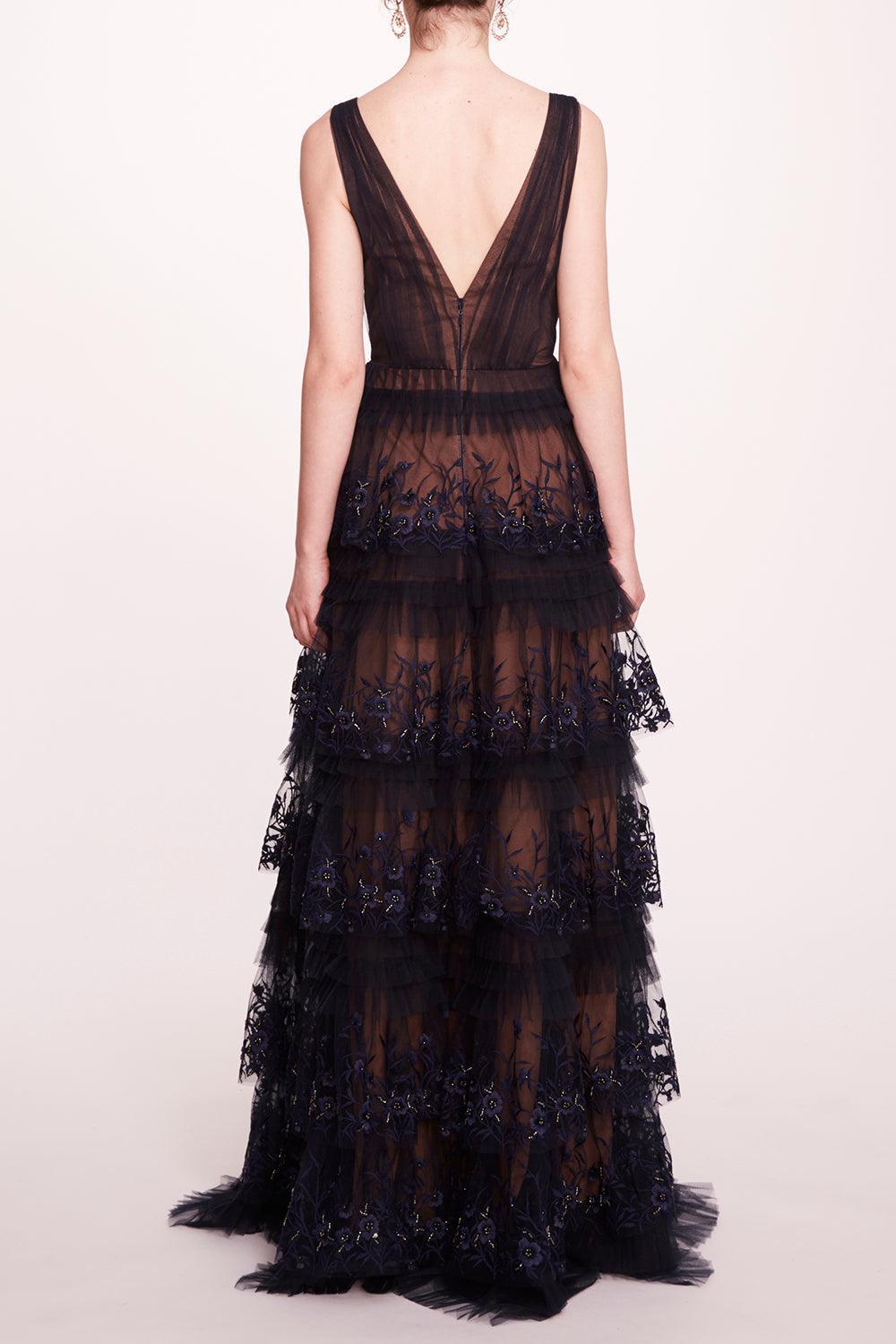 Tiered Terrarium Gown-MIDNIGHT-2-CLOTHINGSPECIALPOP UP-MARCHESA NOTTE