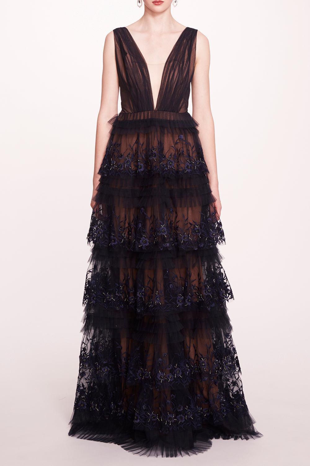 Tiered Terrarium Gown-MIDNIGHT-2-CLOTHINGSPECIALPOP UP-MARCHESA NOTTE
