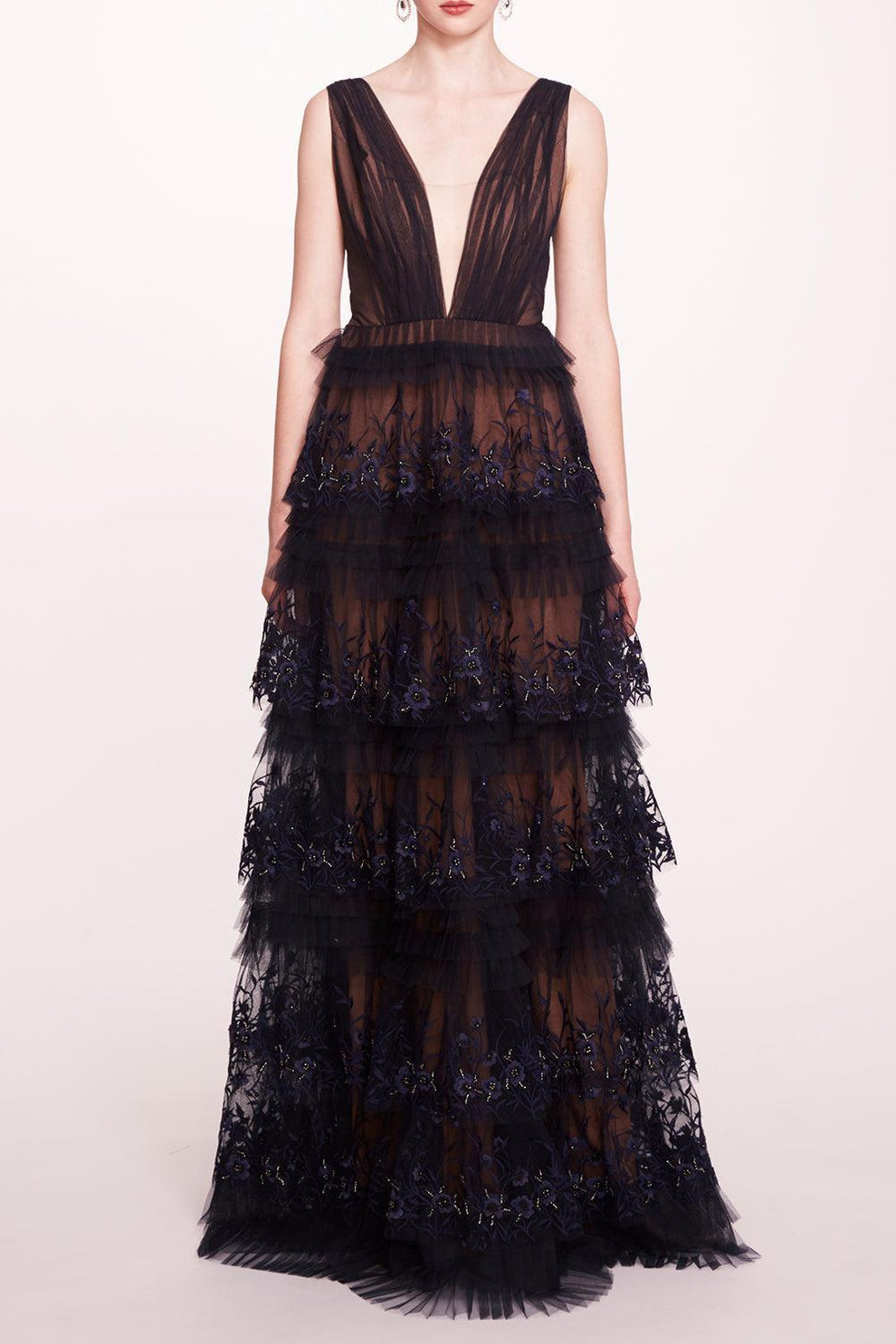 Blue Evening Gowns Marchesa Notte Inverness Dress Marchesa Notte Sleeveless  Deep V-Neck Silk Maxi Dress