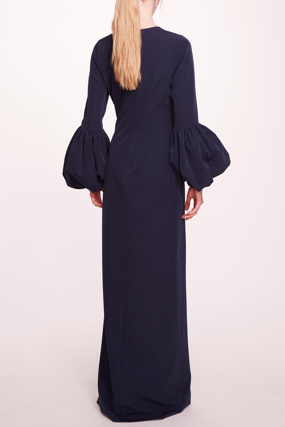 Puffed Sleeve Column Gown-MIDNIGHT-6-CLOTHINGSPECIALPOP UP-MARCHESA NOTTE
