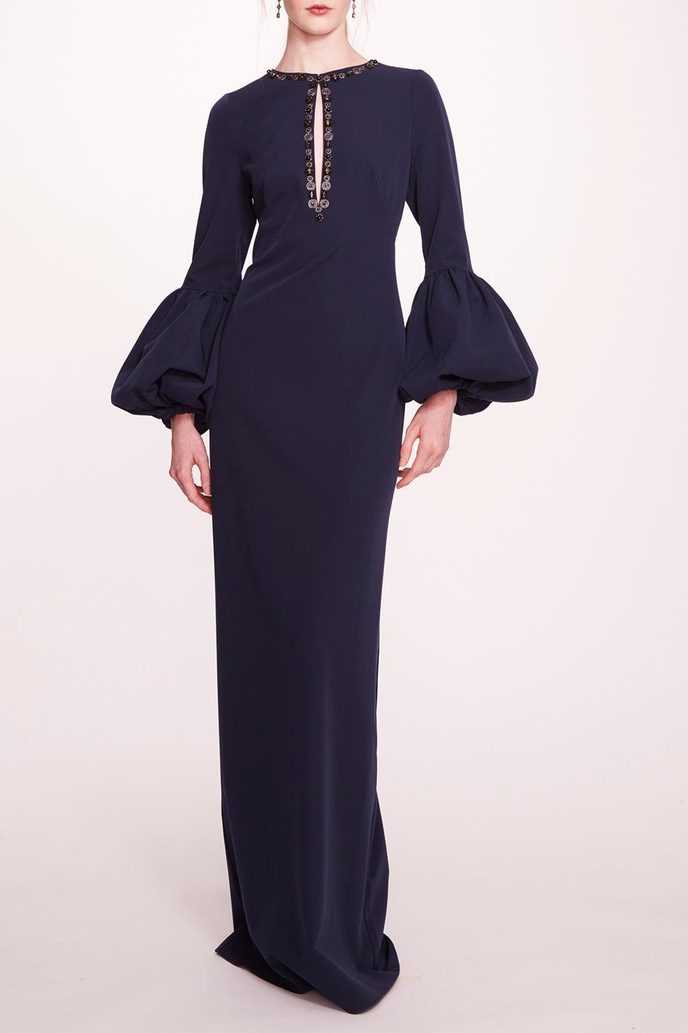 Puffed Sleeve Column Gown-MIDNIGHT-6-CLOTHINGSPECIALPOP UP-MARCHESA NOTTE