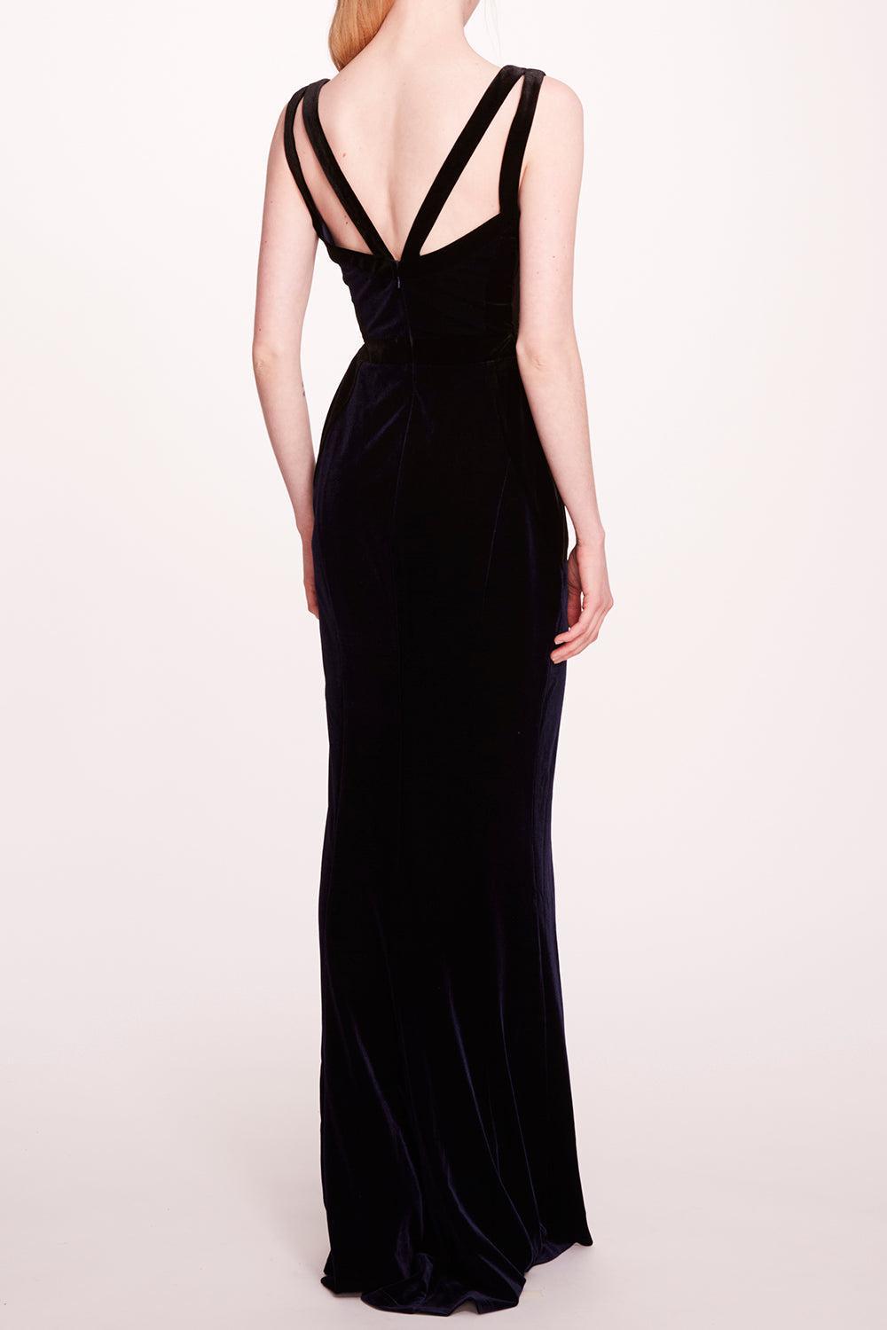 V-Neck Evening Dress-MIDNTBLK-4-CLOTHINGSPECIALPOP UP-MARCHESA NOTTE