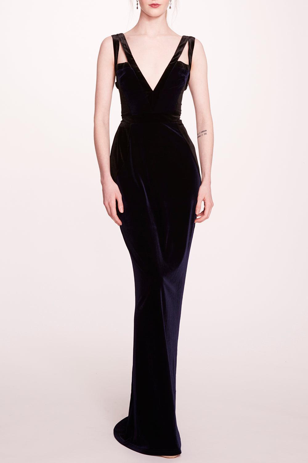 V-Neck Evening Dress-MIDNTBLK-4-CLOTHINGSPECIALPOP UP-MARCHESA NOTTE