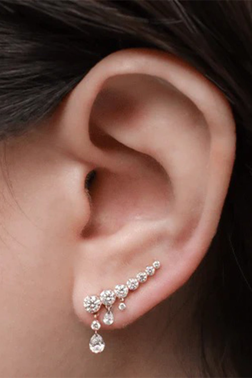 MARIA TASH-White Gold Curved Crescendo Bar Invisible Set Diamond Ear Climber-WHITE GOLD