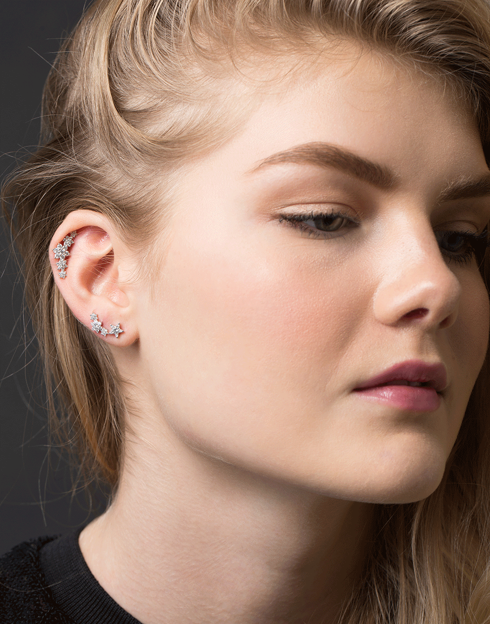 MARIA TASH-Three Diamond Flower Garland White Gold Stud-WHITE GOLD