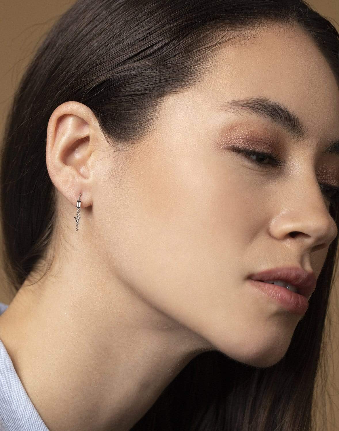 MARIA TASH-White Gold Baguette and Triangle Diamond Chain Wrap Stud Earring-WHITE GOLD