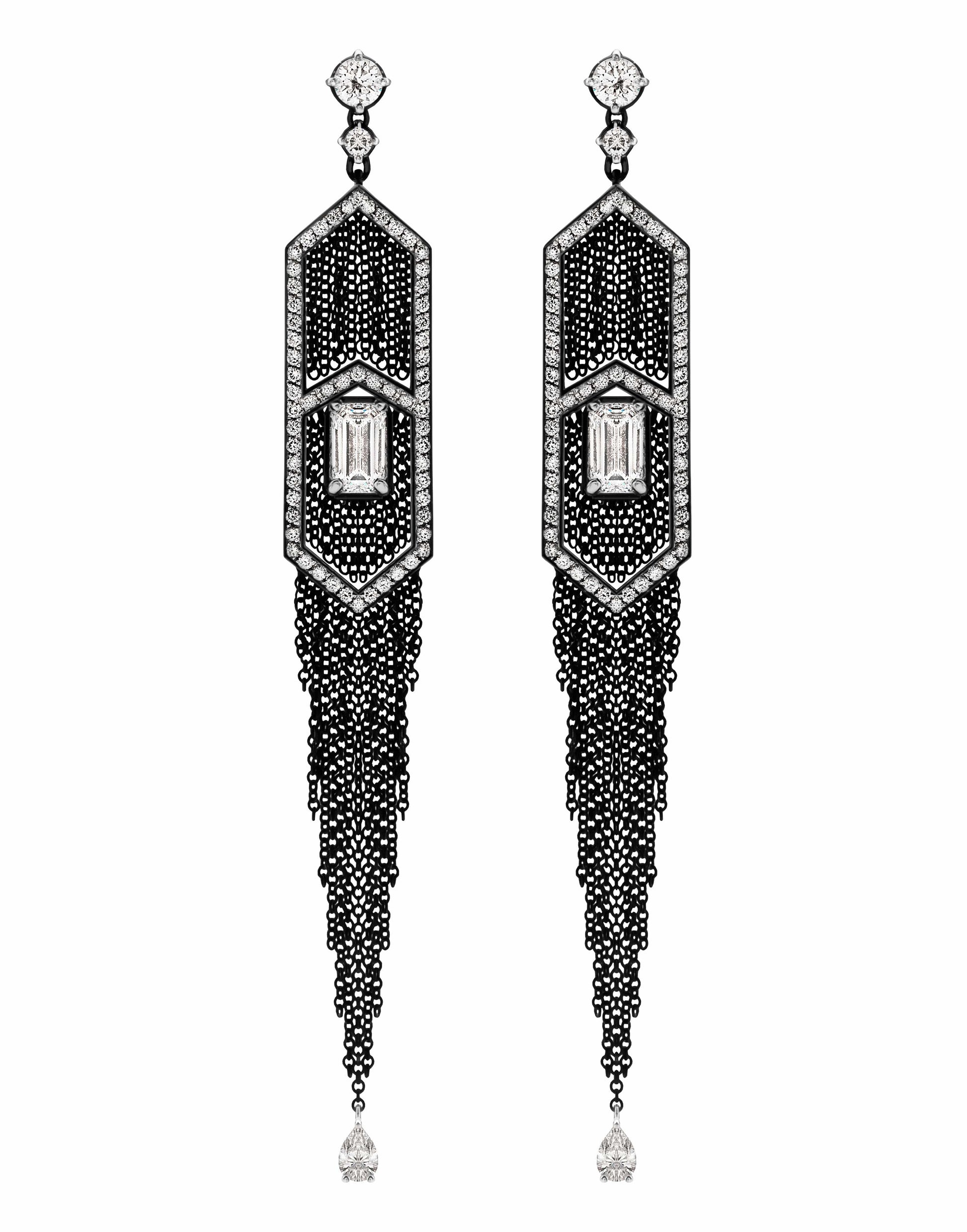 MARIANI-Emerald Cut Diamond Fringe Earrings-WHITE GOLD