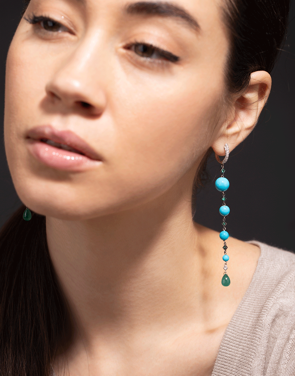 MARIANI-Tapered Turquoise, Emerald, and Diamond Drop Earrings-WHITE GOLD