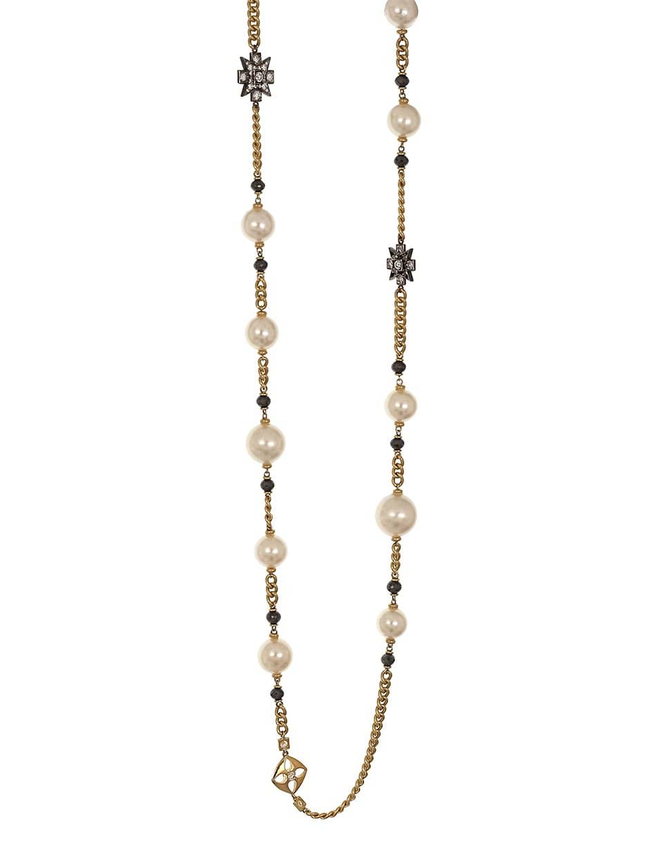 MARIANI-Pearl and Black Diamond Station Necklace-YELLOW GOLD