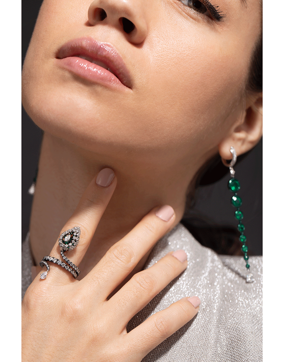 MARIANI-Emerald and Diamond Snake Ring-WHITE GOLD