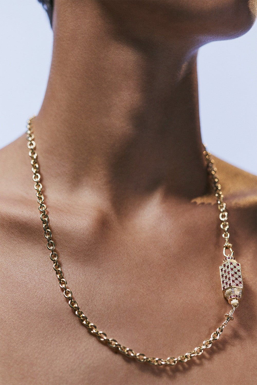 MARIE LICHTENBERG-Check Locket Chain Necklace-YELLOW GOLD