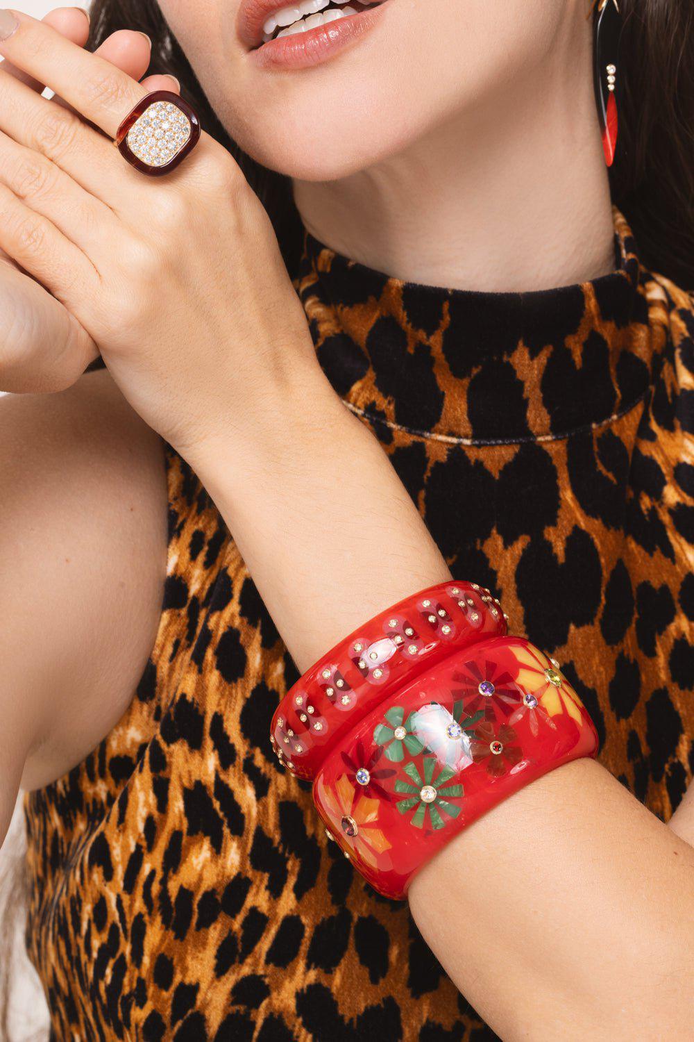 MARK DAVIS-Amethyst Citrine Red Flower Bakelite Bangle-YELLOW GOLD