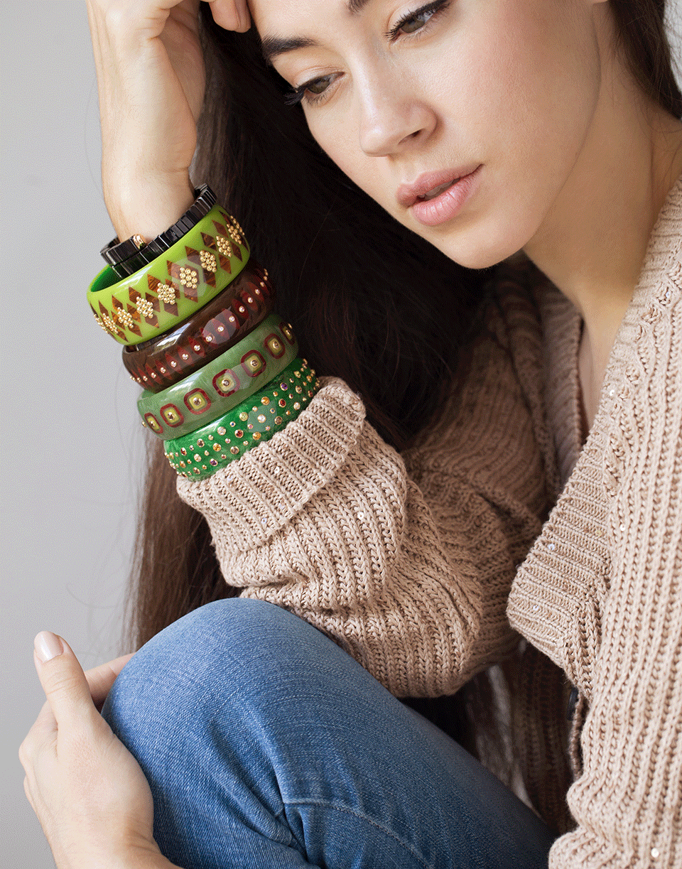MARK DAVIS-Green, Burgundy, and Smokey Quartz Bakelite Bangle-YELLOW GOLD