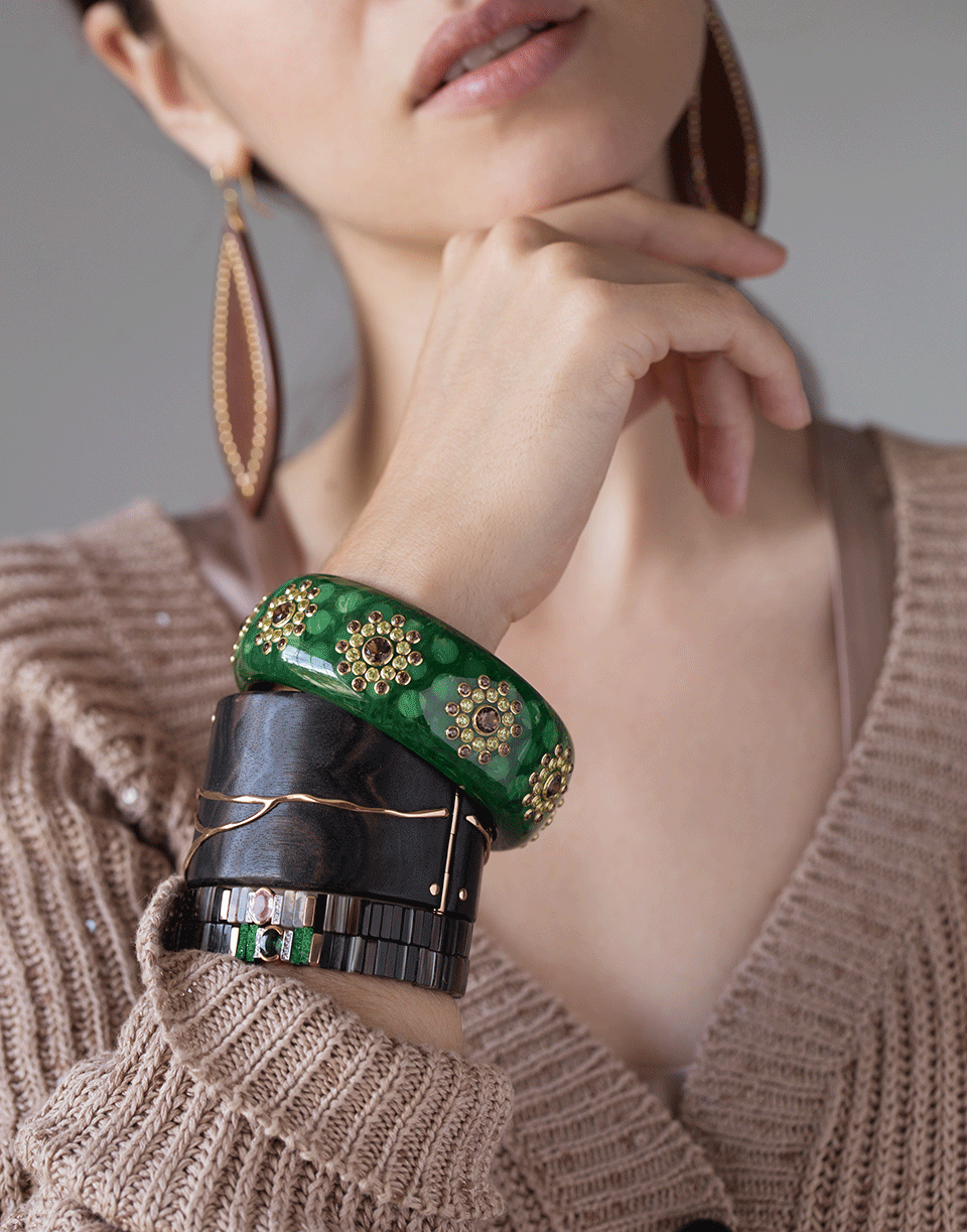 MARK DAVIS-Green Peridot and Smoke Quartz Bakelite Bangle-YELLOW GOLD