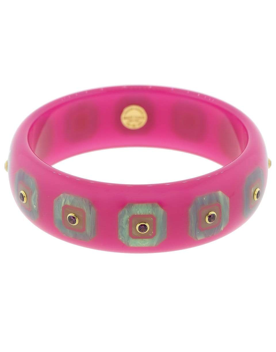 MARK DAVIS-Pink and Blue Bakelite with Rhodonite Garnet Bangle-YELLOW GOLD