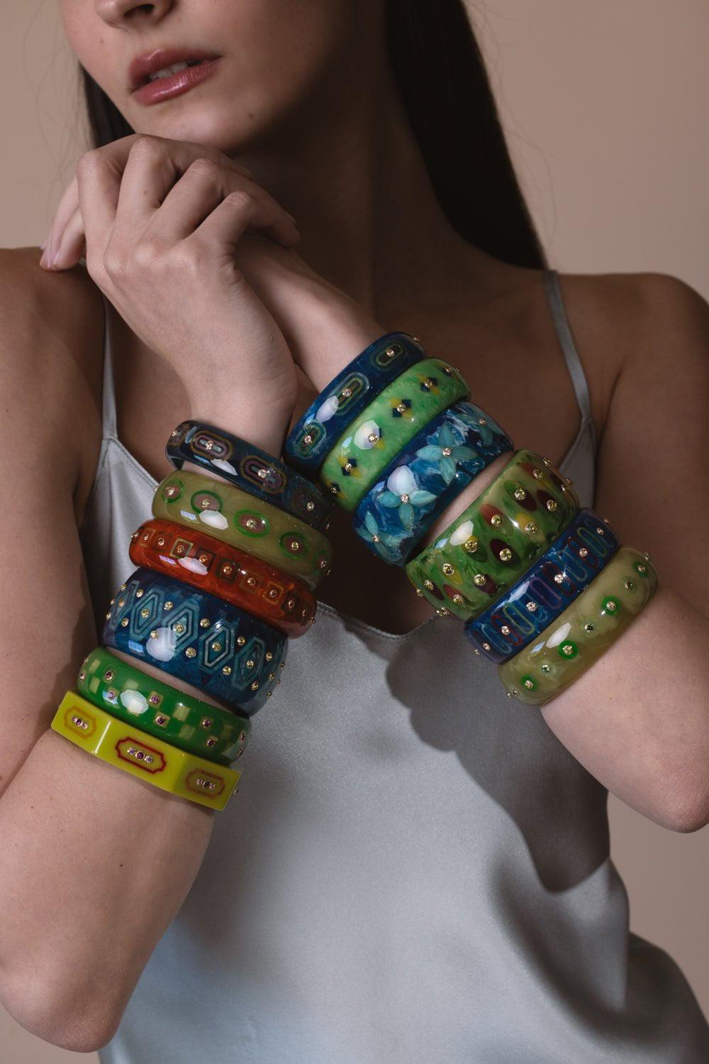 モリッシーさん　crunkdevil　swastika bangle White Topaz Blue Bakelite Bangle | MARK DAVIS – Marissa Collections