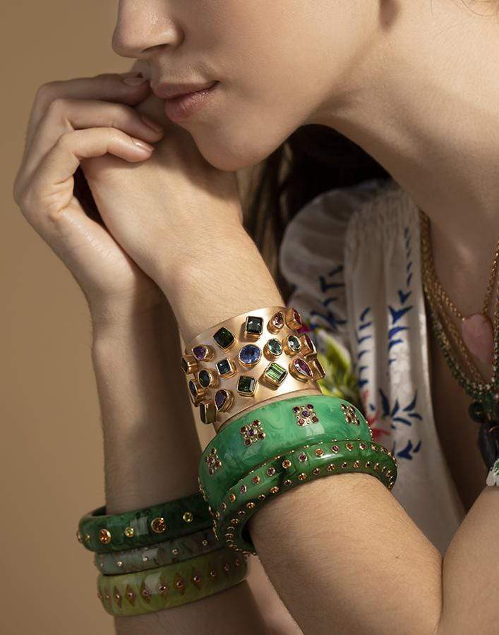 MARK DAVIS-White Topaz Green and Blue Bakelite Bangle-YELLOW GOLD
