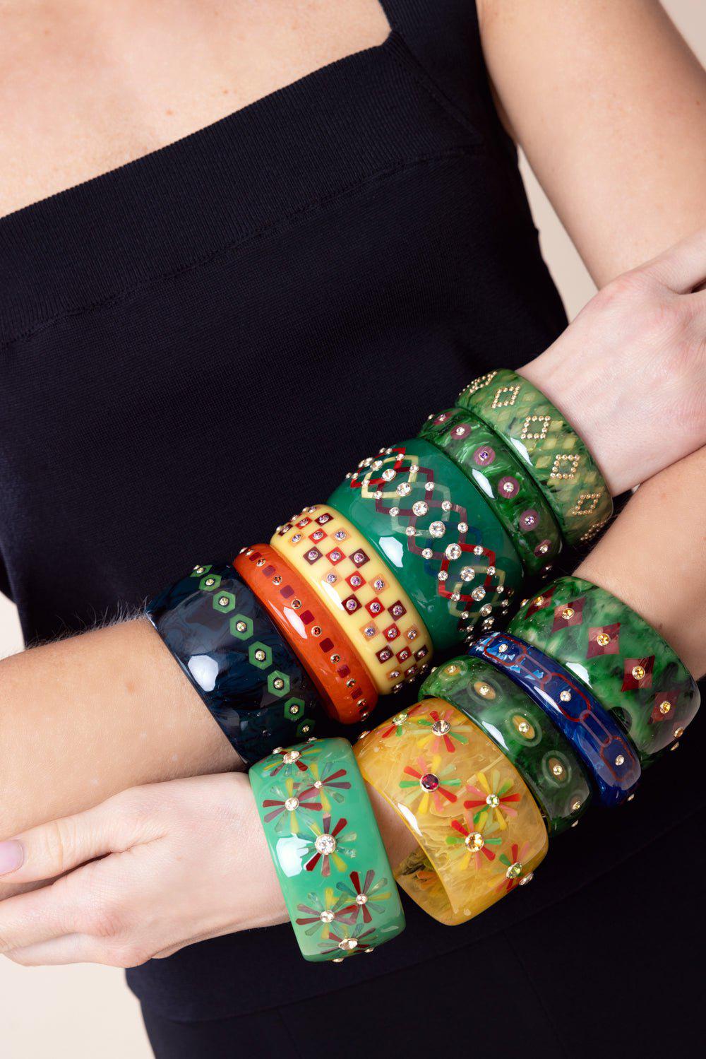 MARK DAVIS-White Topaz Green Bakelite Bangle-YELLOW GOLD