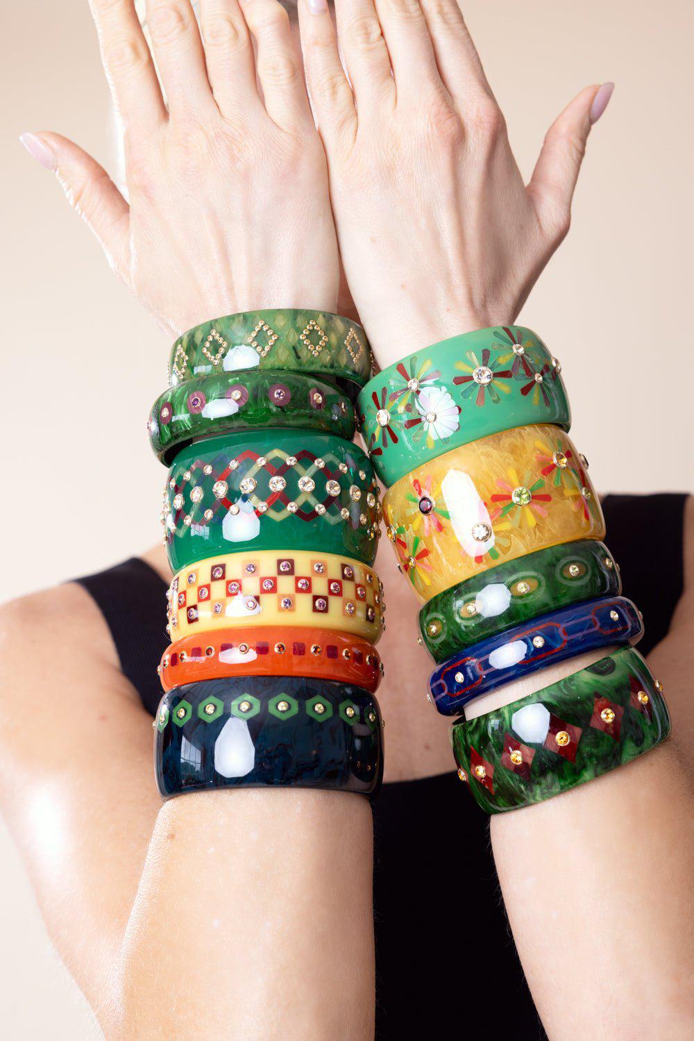 MARK DAVIS-White Topaz Green Bakelite Bangle-YELLOW GOLD