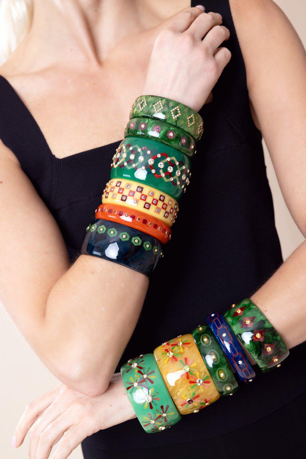 MARK DAVIS-White Topaz Green Bakelite Bangle-YELLOW GOLD