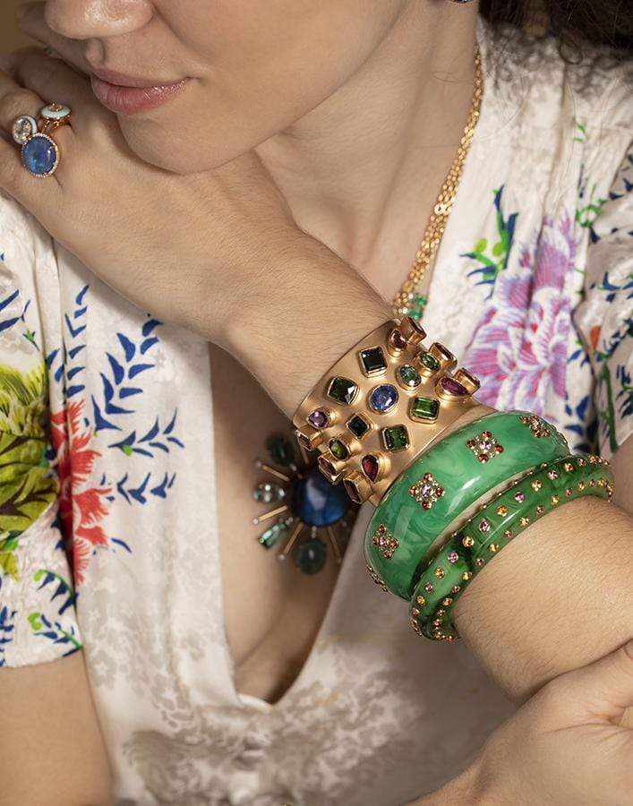 MARK DAVIS-Yellow Gold Green Citrine and Garnet Bakelite Bangle-YELLOW GOLD