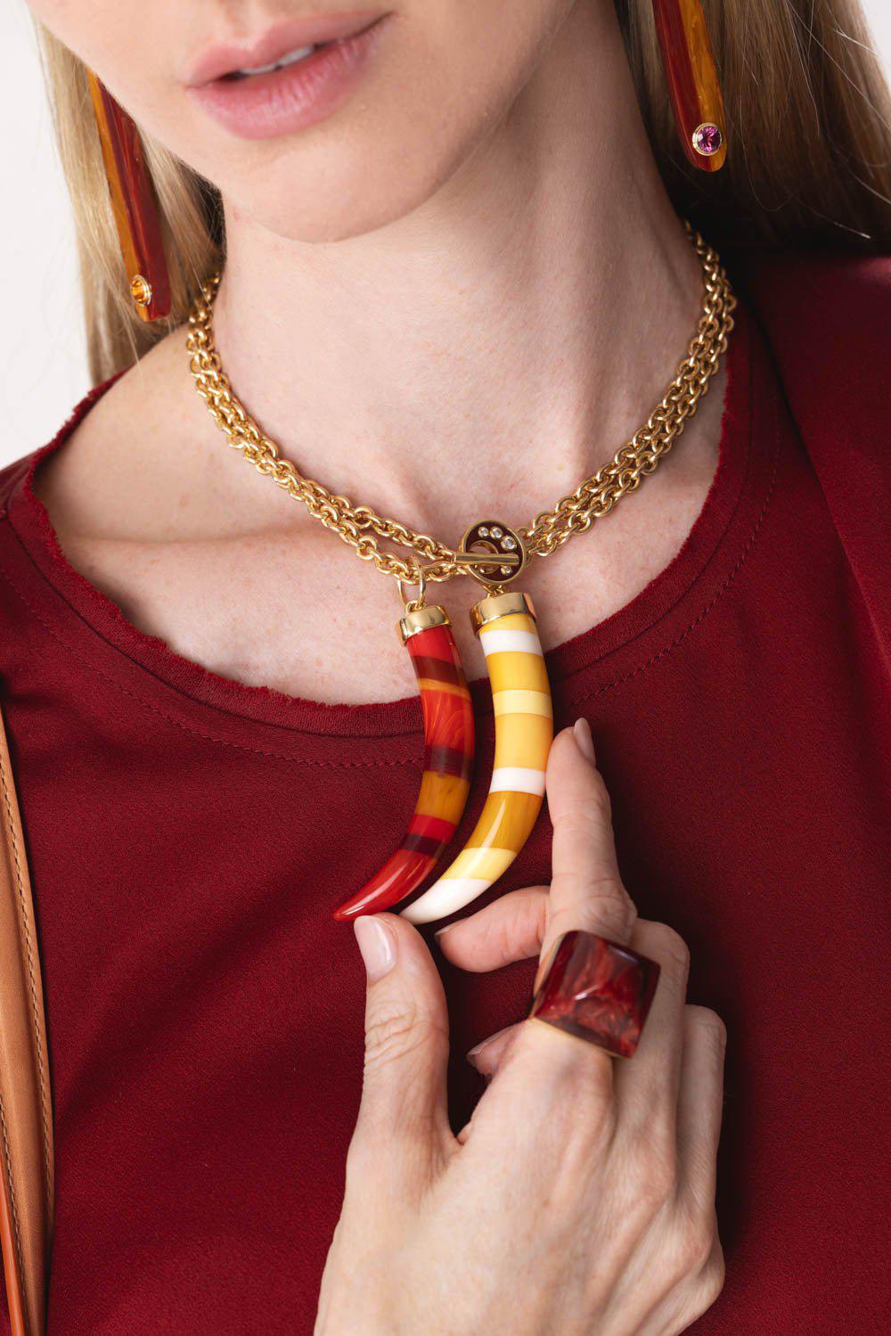 MARK DAVIS-Orange White Bakelite Tusk Pendant-YELLOW GOLD