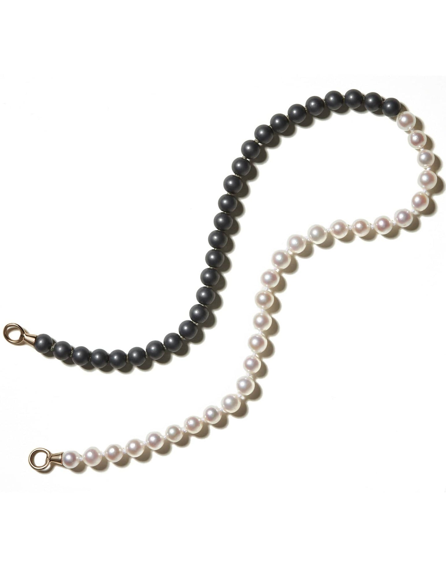 MARLA AARON-Akoya Pearl and Buffed Hematite Half and Half Strand with Gold Loops-YELLOW GOLD