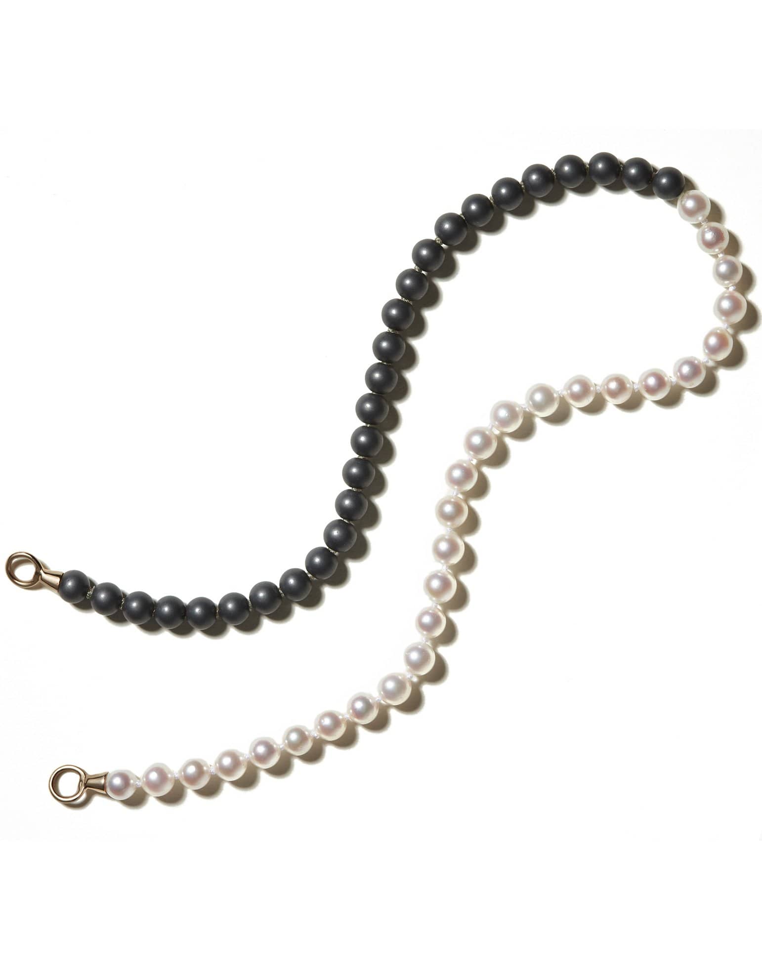 MARLA AARON-Akoya Pearl and Buffed Hematite Half and Half Strand with Gold Loops-YELLOW GOLD