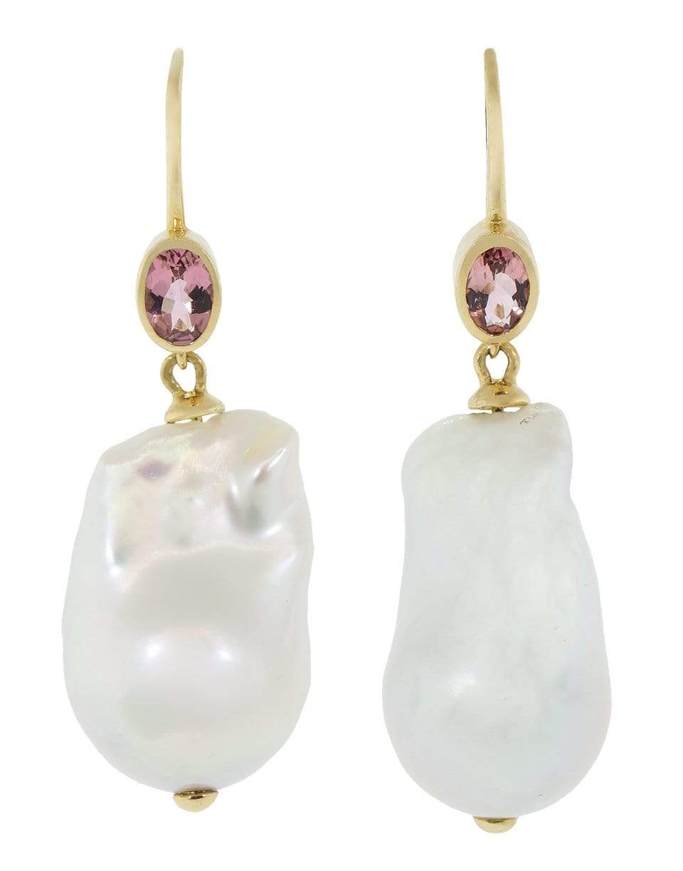 MARLO LAZ-Baroque Pearl and Pink Tourmaline Earrings-YELLOW GOLD
