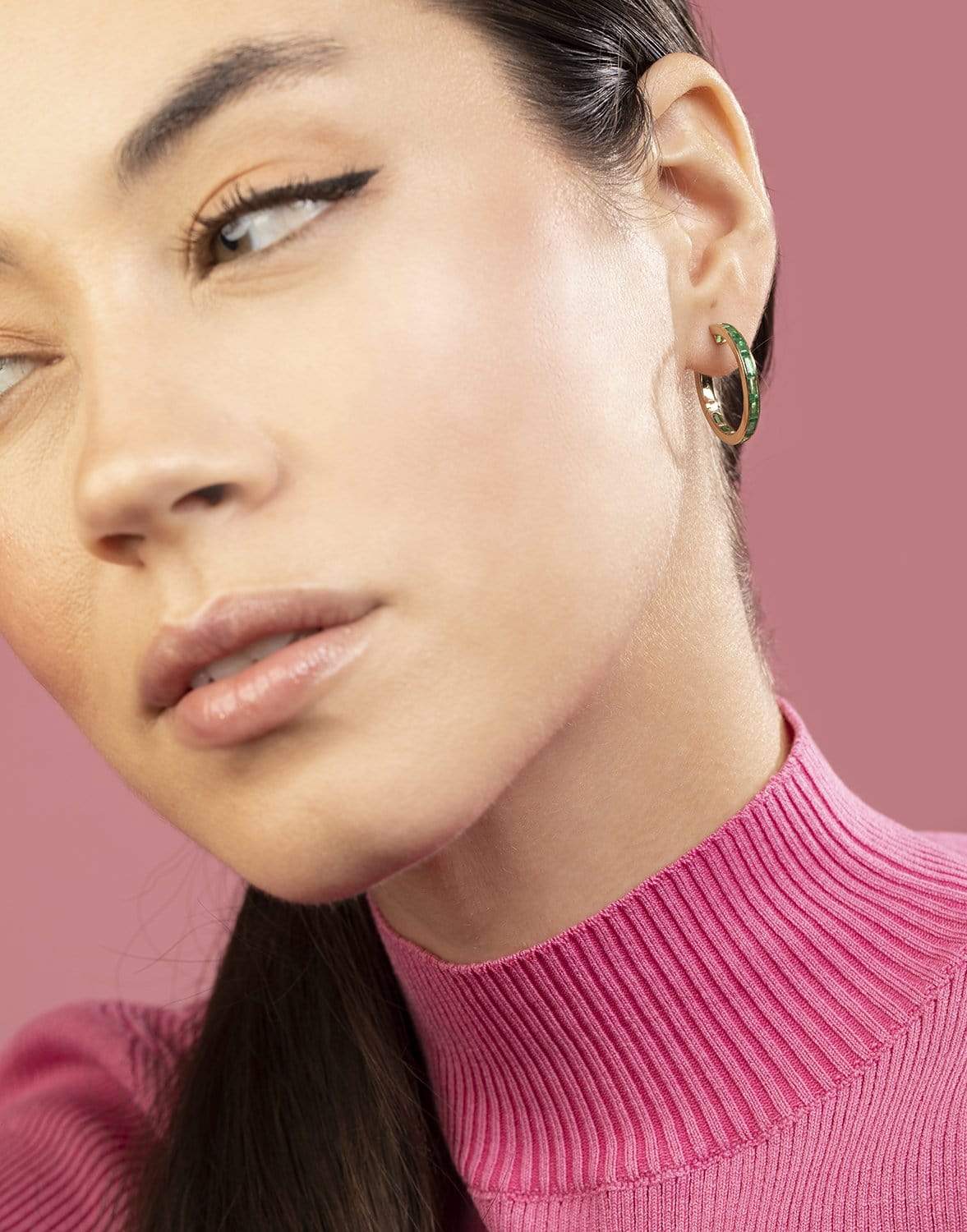 MARLO LAZ-Emerald Baguette Hoop Earrings-YELLOW GOLD