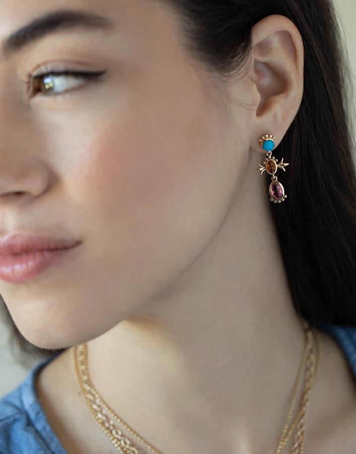 MARLO LAZ-Squash Blossom Turquoise and Tourmaline Earrings-YELLOW GOLD