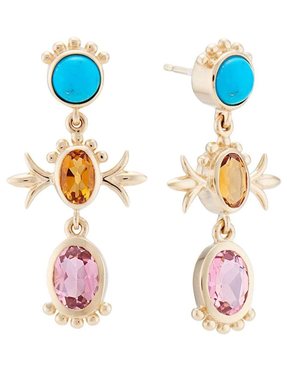 MARLO LAZ-Squash Blossom Turquoise and Tourmaline Earrings-YELLOW GOLD