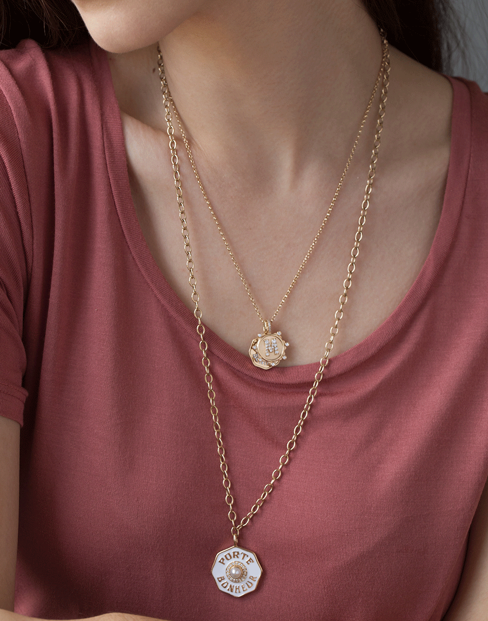 MARLO LAZ-Large Porte Bonheur White Enamel Coin Necklace-YELLOW GOLD