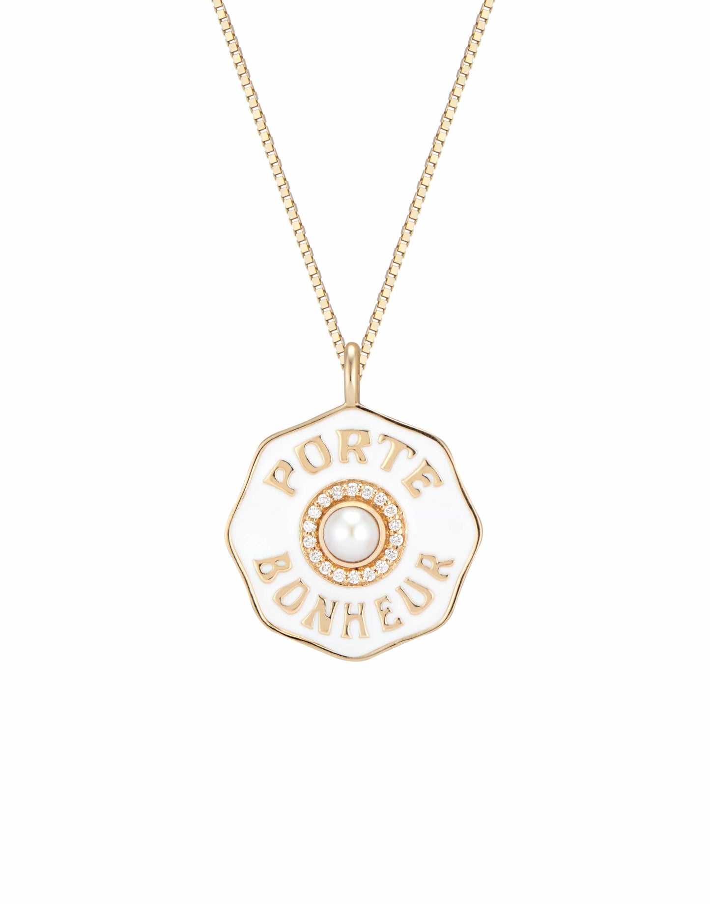 MARLO LAZ-Large Porte Bonheur White Enamel Coin Necklace-YELLOW GOLD