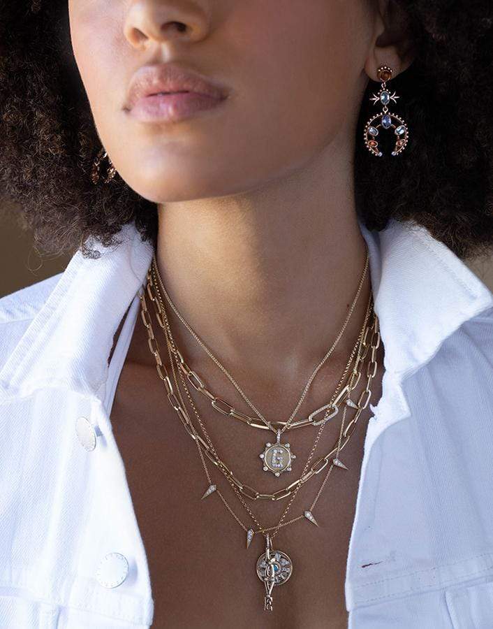 MARLO LAZ-Pave Diamond G Initial Coin Necklace-YELLOW GOLD