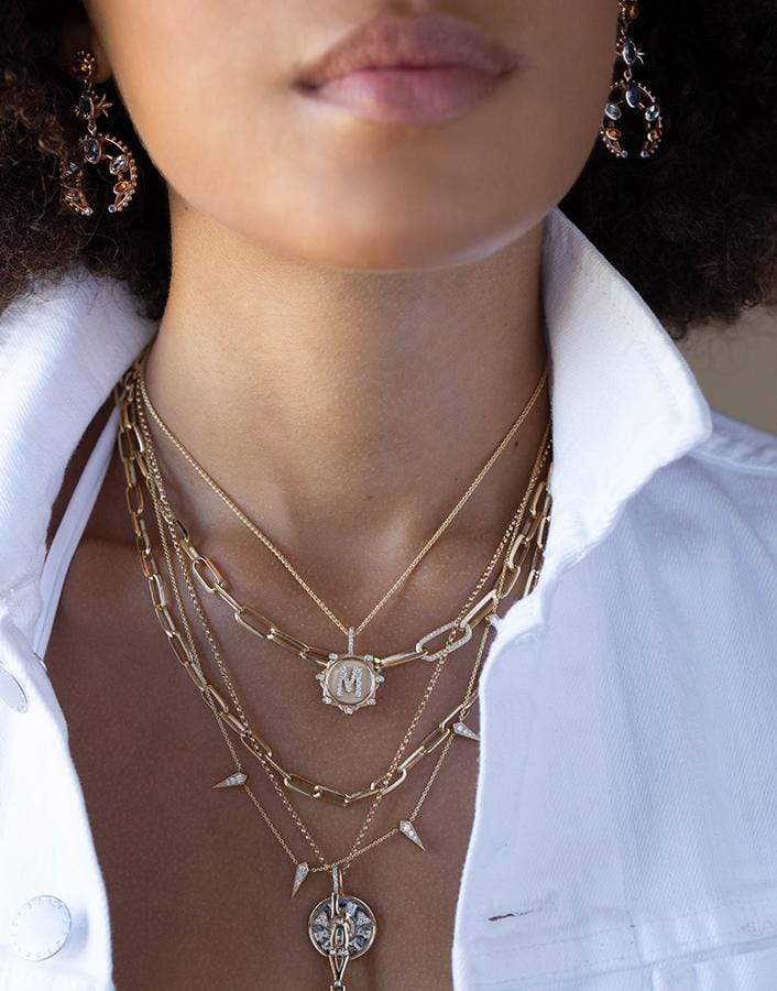 MARLO LAZ-Pave Diamond M Initial Coin Necklace-YELLOW GOLD