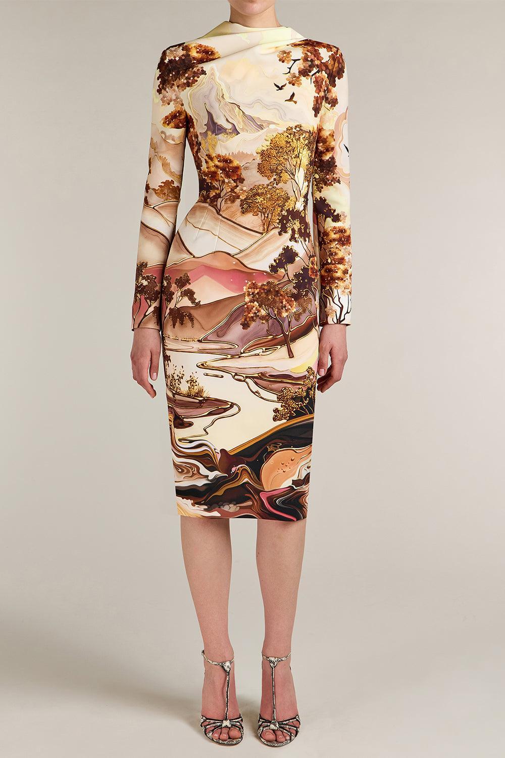  Aeila Landscape Print Long Sleeve Midi Dress-NOVELTY-4-CLOTHINGDRESSCASUAL-MARY KATRANTZOU 