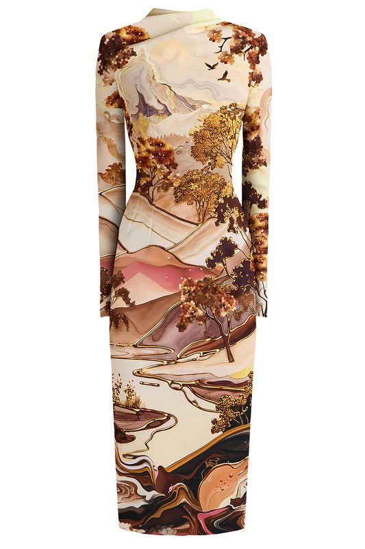 Aeila Landscape Print Long Sleeve Midi Dress