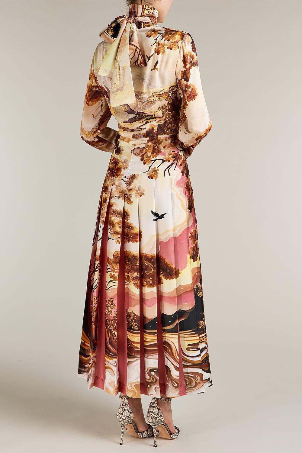 Alexis Landscape Print Tie-Neck Midi Dress-NOVELTY-4-CLOTHINGDRESSCASUAL-MARY KATRANTZOU