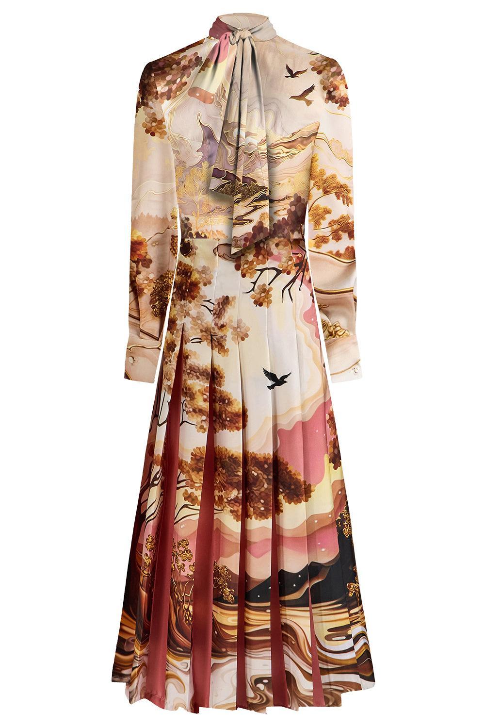 Alexis Landscape Print Tie-Neck Midi Dress-NOVELTY-4-CLOTHINGDRESSCASUAL-MARY KATRANTZOU